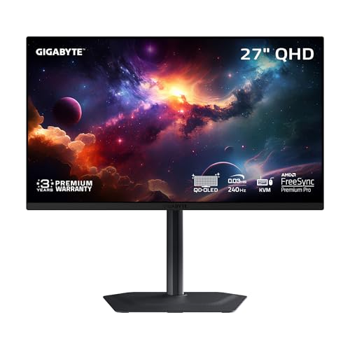 GIGABYTE   MO27Q2 27 QD OLED Gaming Monitor   QHD 2560x1440 240Hz   0 03ms GTG   AMD FreeSync Premium Pro   Type C KVM   HDMI  DP   Height Adjustable   Black