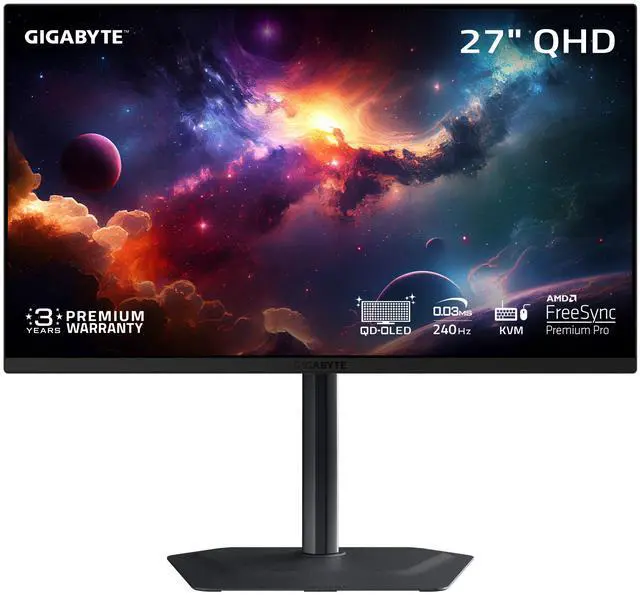 GIGABYTE   MO27Q2   27" QD OLED Gaming Monitor   QHD 2560x1440   240Hz   0 03ms GTG   AMD FreeSync Premium Pro   Type C KVM   HDMI  DP   Height Adjustable   Black
