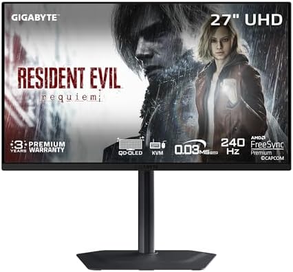 GIGABYTE   MO27U2 27 QD OLED Gaming Monitor   UHD 3840x2160 240Hz   0 03ms GTG   AMD FreeSync Premium Pro  G SYNC Compatible   Type C KVM   HDMI  DP  Type C   Height and Tilt Adjustable   Black