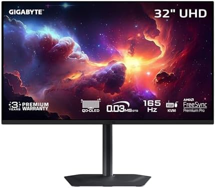 GIGABYTE   MO32U   32 QD OLED Gaming Monitor   UHD 3840x2160 165Hz   0 03ms GTG   AMD FreeSync Premium Pro   Type C KVM   HDMI  DP   Height Adjustable   Black