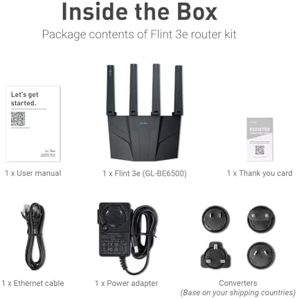 GL iNet GL BE6500  Flint 3e  WiFi 7 Router  High Speed WiFi Router for Wireless Internet w/VPN  5 x 2 5G Ethernet Port for Fiber Optic Modem  Long Range Large Home  Business & Gaming Computer Routers