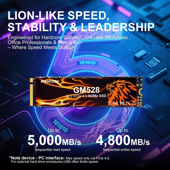 GM528 M 2 SSD NVMe PCIe 2280 Internal Solid State Hard Drive  Up to 5000 MB/s  3D NAND SLC Cache  SSD for Gaming PC Storage  Business Laptop  Home Entertainment  Creative Workflow  4TB 