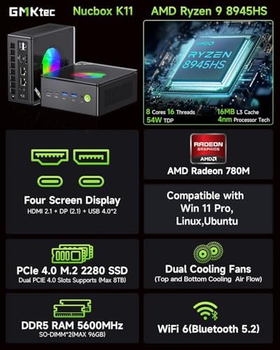 GMKtec Mini PC para juegos AMD Ryzen 9 8945HS (Turbo 5.1GHz) 32GB DDR5 2TB SSD, computadoras PC Oculink, Dual NIC LAN 2.5G, WiFi 6, USB3.2, USB-C 4.0, BT5.2, DP, HDMI, Dual Fan Nucbox K11