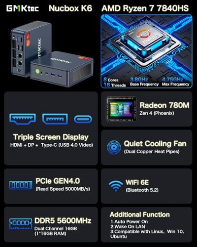 GMKtec Mini Gaming PC AMD Ryzen 7 7840HS 1TB PCIe4 0 SSD 16GB DDR5 Desktop Computers USB4 0  Dual NIC LAN 2 5Gbps/ HDMI  DP/USB C4 0  WiFi 6E  BT 5 2 Nucbox K6
