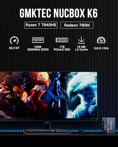 GMKtec Mini Gaming PC AMD Ryzen 7 7840HS 1TB PCIe4 0 SSD 16GB DDR5 Desktop Computers USB4 0  Dual NIC LAN 2 5Gbps/ HDMI  DP/USB C4 0  WiFi 6E  BT 5 2 Nucbox K6