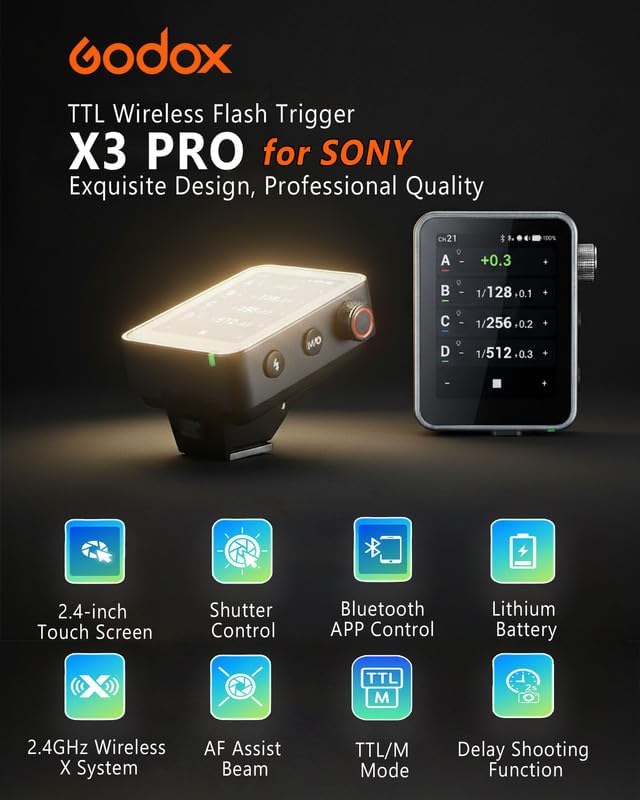 GODOX X3 PRO S X3PRO TTL Wireless Flash Trigger for Sony with Bluetooth Integration & APP Control Touch Screen 2 4GHz Wireless X System Pro Shooting Modes Shutter Control Fast Charging