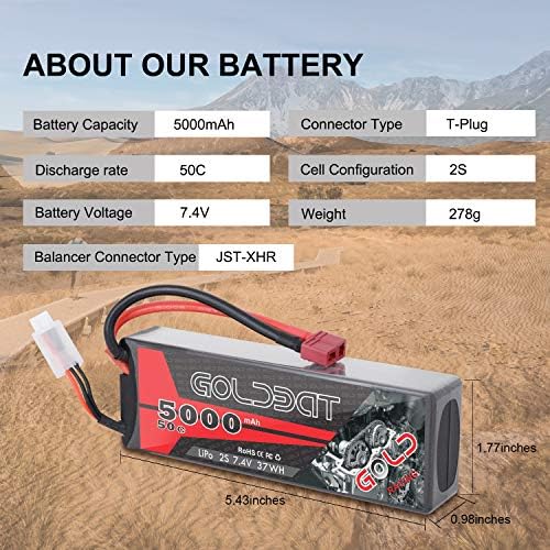 GOLDBAT 2S Lipo Battery 5000mAh 50C 7 4V Pack Hardcase with T Plug for RC Evader BX Car  Traxxas Slash Buggy RC Truck  RC Truggy RC Airplane UAV Drone FPV