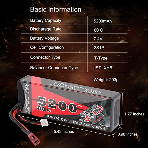 GOLDBAT - Batería de 5200 mAh 80C 7.2S RC LiPo, batería rígida con enchufe Deans para vehículos de RC Evader BX RC camión RC Truggy Racing (paquete de 2)