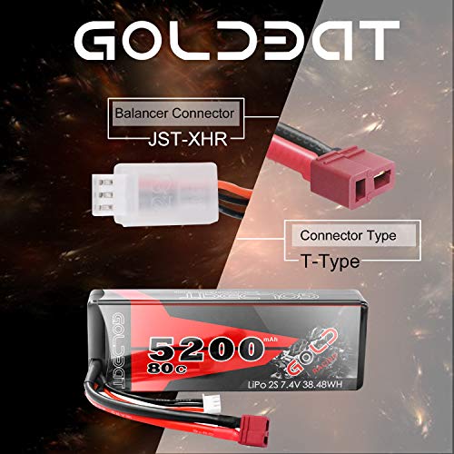 GOLDBAT - Batería de 5200 mAh 80C 7.2S RC LiPo, batería rígida con enchufe Deans para vehículos de RC Evader BX RC camión RC Truggy Racing (paquete de 2)