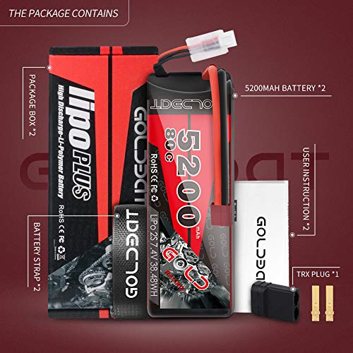 GOLDBAT - Batería de 5200 mAh 80C 7.2S RC LiPo, batería rígida con enchufe Deans para vehículos de RC Evader BX RC camión RC Truggy Racing (paquete de 2)