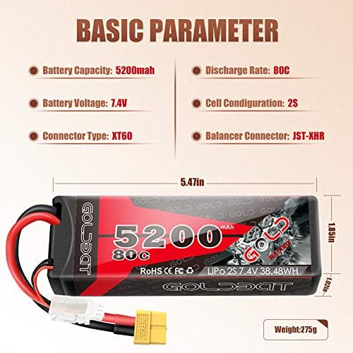 GOLDBAT 5200mAh 80C 2S 7 4V RC LiPo Battery Hard Case with XT60 Plug for RC Evader BX Car RC Truck RC Truggy Racing  2 Pack 