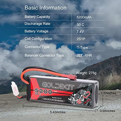 GOLDBAT LiPo - Estuche rígido de 5200 mAh, 2S, 7,4 V, 50 C, batería RC para modelos de vehículos RC Hobby (paquete de 2)