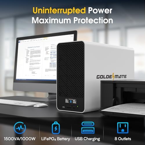GOLDENMATE 1500VA/1000W Lithium UPS Battery Backup and Surge Protector  Backup Battery Power Supply with LiFePO4 Batteries 296Wh   AVR  Line Interactive Sinewave UPS System  8 Outlets  LCD Display