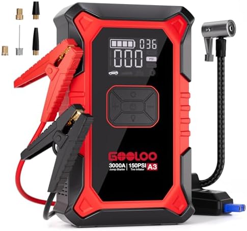 GOOLOO A3 Jump Starter with Air Compressor  3000A Portable Car Battery Booster  9 0 Gas/6 5L Diesel  with 150PSI Auto Shutoff Tire Inflator  12V Supersafe Lithium Jump Box Car Battery Jumper Starter