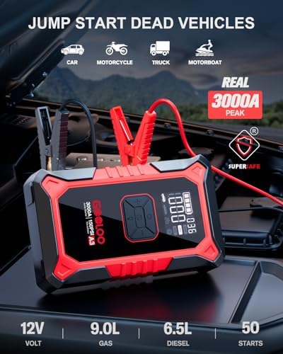 GOOLOO A3 Jump Starter with Air Compressor  3000A Portable Car Battery Booster  9 0 Gas/6 5L Diesel  with 150PSI Auto Shutoff Tire Inflator  12V Supersafe Lithium Jump Box Car Battery Jumper Starter