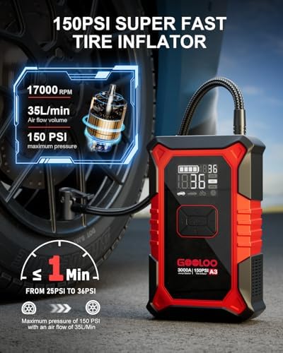 GOOLOO A3 Jump Starter with Air Compressor  3000A Portable Car Battery Booster  9 0 Gas/6 5L Diesel  with 150PSI Auto Shutoff Tire Inflator  12V Supersafe Lithium Jump Box Car Battery Jumper Starter