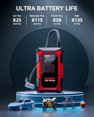GOOLOO A3 Jump Starter with Air Compressor  3000A Portable Car Battery Booster  9 0 Gas/6 5L Diesel  with 150PSI Auto Shutoff Tire Inflator  12V Supersafe Lithium Jump Box Car Battery Jumper Starter
