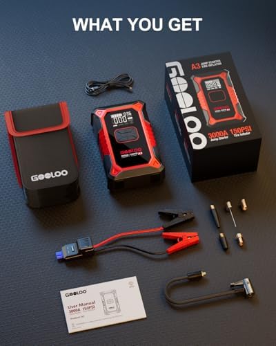 GOOLOO A3 Jump Starter with Air Compressor  3000A Portable Car Battery Booster  9 0 Gas/6 5L Diesel  with 150PSI Auto Shutoff Tire Inflator  12V Supersafe Lithium Jump Box Car Battery Jumper Starter