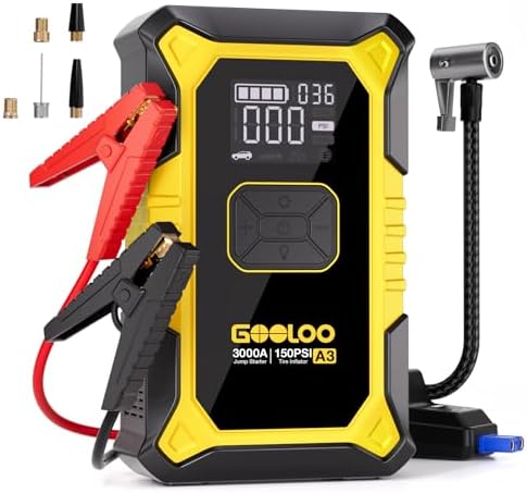 GOOLOO A3 Jump Starter with Air Compressor  3000A Portable Car Battery Booster  9 0 Gas/6 5L Diesel  with 150PSI Auto Shutoff Tire Inflator  12V Supersafe Lithium Jump Box Car Battery Jumper Starter