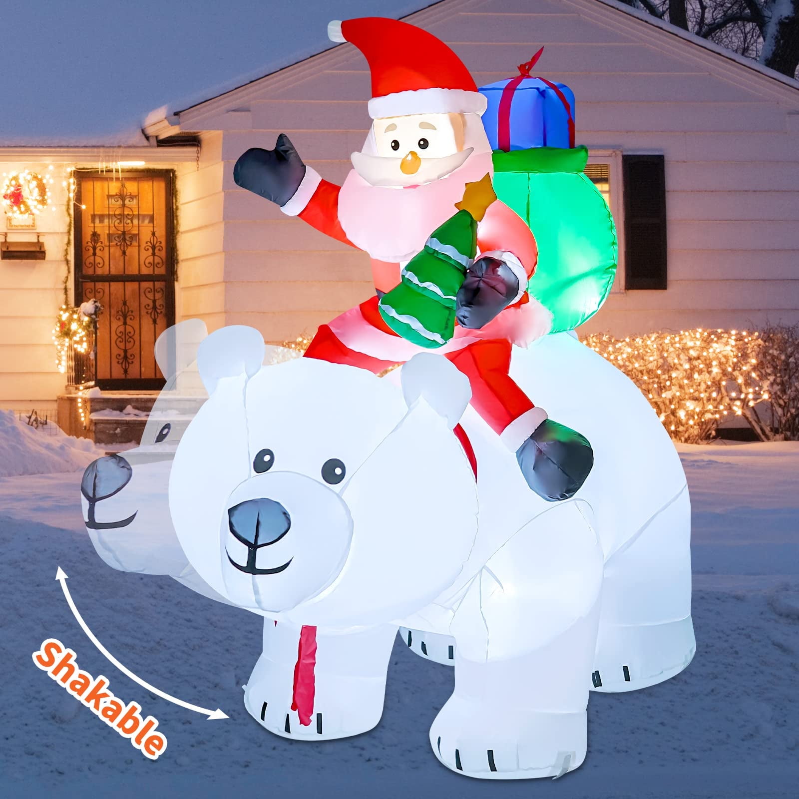GOOSH Inflables Navideños 6.6 Pies Cláusula de Papá Noel Inflable Montar Cabeza de Batido Oso Polar, Lindo Papá Noel Inflable Llevando Regalos con Luces LED, Decoraciones Navideñas Al Aire Libre para Vacaciones de Navidad