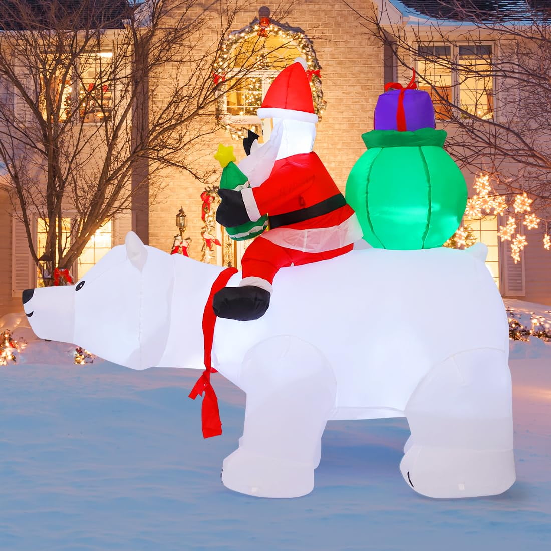 GOOSH Inflables Navideños 6.6 Pies Cláusula de Papá Noel Inflable Montar Cabeza de Batido Oso Polar, Lindo Papá Noel Inflable Llevando Regalos con Luces LED, Decoraciones Navideñas Al Aire Libre para Vacaciones de Navidad