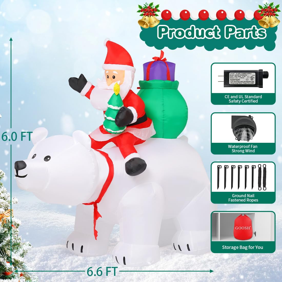 GOOSH Inflables Navideños 6.6 Pies Cláusula de Papá Noel Inflable Montar Cabeza de Batido Oso Polar, Lindo Papá Noel Inflable Llevando Regalos con Luces LED, Decoraciones Navideñas Al Aire Libre para Vacaciones de Navidad