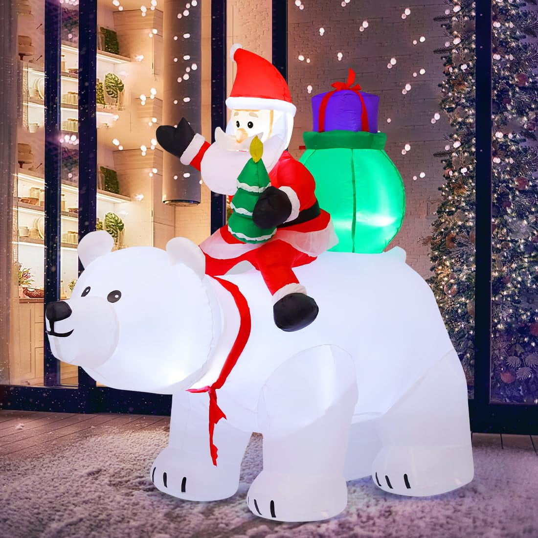 GOOSH Inflables Navideños 6.6 Pies Cláusula de Papá Noel Inflable Montar Cabeza de Batido Oso Polar, Lindo Papá Noel Inflable Llevando Regalos con Luces LED, Decoraciones Navideñas Al Aire Libre para Vacaciones de Navidad