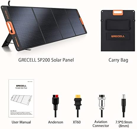 GRECELL 200W Portable Solar Panel for Power Station  Foldable Solar Charger w/ 4 Kickstands  IP65 Waterproof Solar Panel Kit w/DC XT60 Anderson Aviation Output for Outdoor RV Camper Blackout