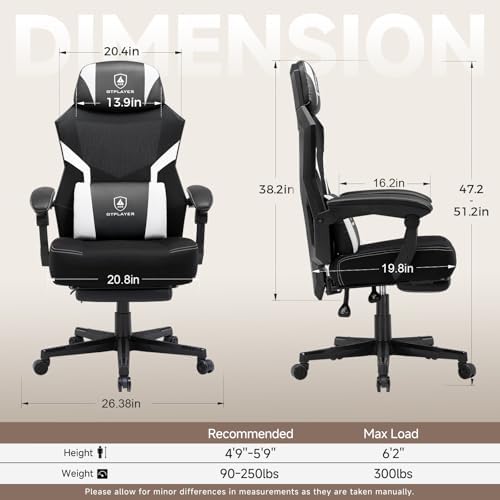 GTPLAYER Computer Chair with Adjustable Footrest  Ergonomic Gaming Chair with Headrest and Lumbar Support  Breathable Mesh Office Chair for Adults  High Back Reclining Desk Chair for Gaming and Office