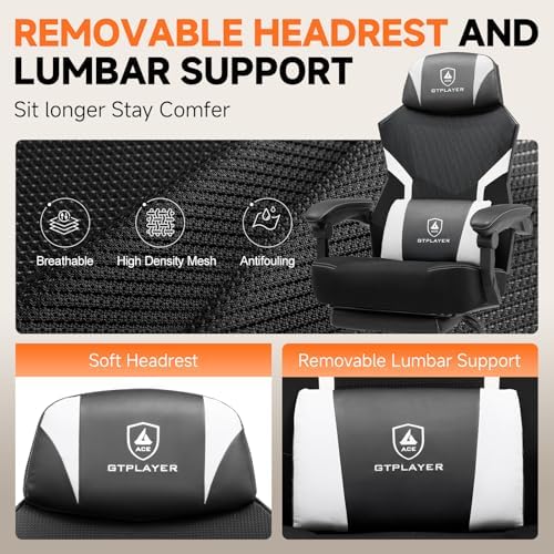 GTPLAYER Computer Chair with Adjustable Footrest  Ergonomic Gaming Chair with Headrest and Lumbar Support  Breathable Mesh Office Chair for Adults  High Back Reclining Desk Chair for Gaming and Office