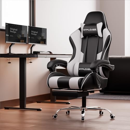 GTPLAYER Gaming Chair  Computer Chair with Footrest and Lumbar Support  Height Adjustable Game Chair with 360  Swivel Seat and Headrest and for Office or Gaming  White 