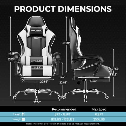 GTPLAYER Gaming Chair  Computer Chair with Footrest and Lumbar Support  Height Adjustable Game Chair with 360  Swivel Seat and Headrest and for Office or Gaming  White 
