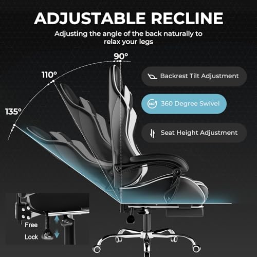 GTPLAYER Gaming Chair  Computer Chair with Footrest and Lumbar Support  Height Adjustable Game Chair with 360  Swivel Seat and Headrest and for Office or Gaming  White 
