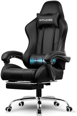 GTPLAYER Gaming Chair  Computer Chair with Footrest and Lumbar Support  Height Adjustable Game Chair with 360  Swivel Seat and Headrest and for Office or Gaming  Faux Leather  Black 