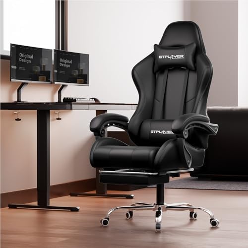 GTPLAYER Gaming Chair  Computer Chair with Footrest and Lumbar Support  Height Adjustable Game Chair with 360  Swivel Seat and Headrest and for Office or Gaming  Faux Leather  Black 