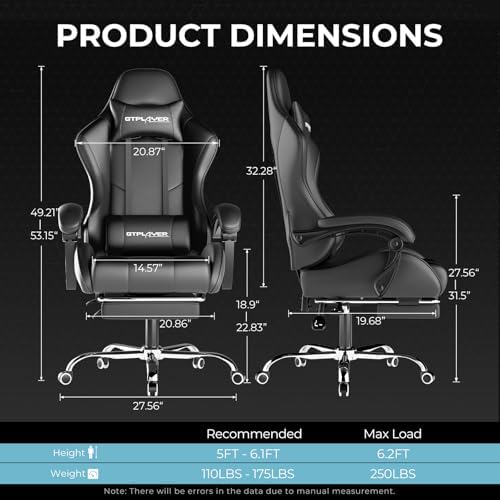 GTPLAYER Gaming Chair  Computer Chair with Footrest and Lumbar Support  Height Adjustable Game Chair with 360  Swivel Seat and Headrest and for Office or Gaming  Faux Leather  Black 