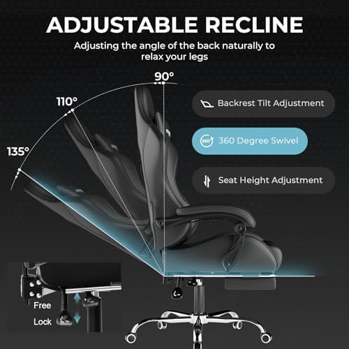 GTPLAYER Gaming Chair  Computer Chair with Footrest and Lumbar Support  Height Adjustable Game Chair with 360  Swivel Seat and Headrest and for Office or Gaming  Faux Leather  Black 