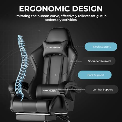 GTPLAYER Gaming Chair  Computer Chair with Footrest and Lumbar Support  Height Adjustable Game Chair with 360  Swivel Seat and Headrest and for Office or Gaming  Faux Leather  Black 