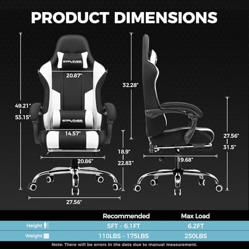 GTPLAYER Gaming Chair  Computer Chair with Footrest and Lumbar Support  Height Adjustable Game Chair with 360  Swivel Seat and Headrest and for Office or Gaming  Faux Leather  Black 