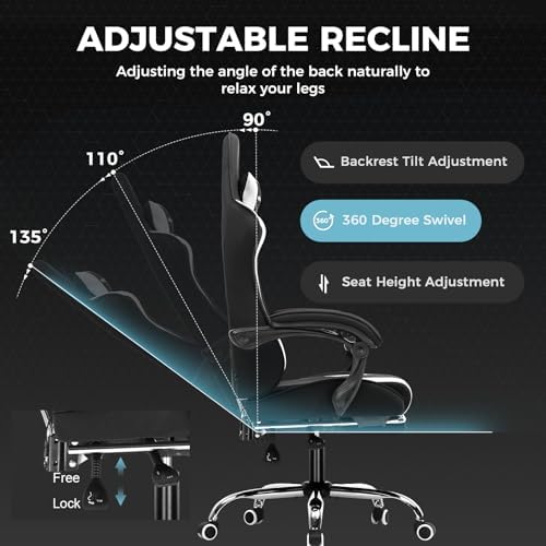 GTPLAYER Gaming Chair  Computer Chair with Footrest and Lumbar Support  Height Adjustable Game Chair with 360  Swivel Seat and Headrest and for Office or Gaming  Faux Leather  Black 