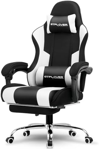 GTPLAYER Gaming Chair  Computer Chair with Footrest and Lumbar Support  Height Adjustable Game Chair with 360  Swivel Seat and Headrest and for Office or Gaming  Faux Leather  Black 