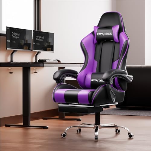 GTPLAYER Gaming Chair  Computer Chair with Footrest and Lumbar Support  Height Adjustable Game Chair with 360  Swivel Seat and Headrest and for Office or Gaming  Faux Leather  Black 