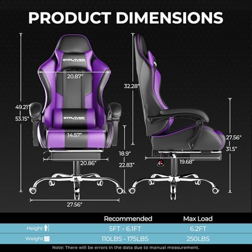 GTPLAYER Gaming Chair  Computer Chair with Footrest and Lumbar Support  Height Adjustable Game Chair with 360  Swivel Seat and Headrest and for Office or Gaming  Faux Leather  Black 