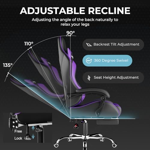 GTPLAYER Gaming Chair  Computer Chair with Footrest and Lumbar Support  Height Adjustable Game Chair with 360  Swivel Seat and Headrest and for Office or Gaming  Faux Leather  Black 