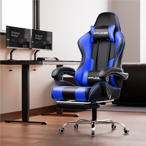GTPLAYER Gaming Chair  Computer Chair with Footrest and Lumbar Support  Height Adjustable Game Chair with 360  Swivel Seat and Headrest and for Office or Gaming  Faux Leather  Black 