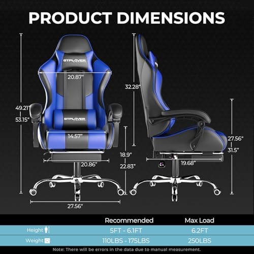 GTPLAYER Gaming Chair  Computer Chair with Footrest and Lumbar Support  Height Adjustable Game Chair with 360  Swivel Seat and Headrest and for Office or Gaming  Faux Leather  Black 