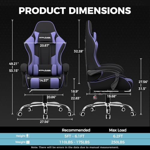 GTPLAYER Gaming Chair  Computer Chair with Footrest and Lumbar Support  Height Adjustable Game Chair with 360  Swivel Seat and Headrest and for Office or Gaming  Faux Leather  Black 