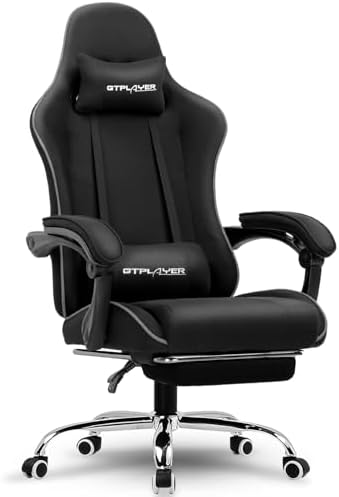 GTPLAYER Gaming Chair  Computer Chair with Footrest and Lumbar Support  Height Adjustable Game Chair with 360  Swivel Seat and Headrest and for Office or Gaming  Faux Leather  Black 