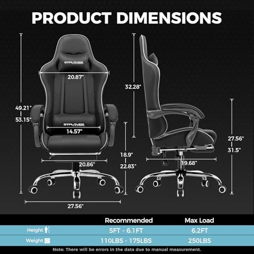 GTPLAYER Gaming Chair  Computer Chair with Footrest and Lumbar Support  Height Adjustable Game Chair with 360  Swivel Seat and Headrest and for Office or Gaming  Faux Leather  Black 
