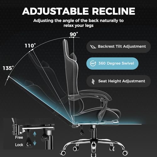 GTPLAYER Gaming Chair  Computer Chair with Footrest and Lumbar Support  Height Adjustable Game Chair with 360  Swivel Seat and Headrest and for Office or Gaming  Faux Leather  Black 